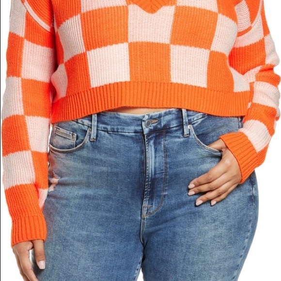 BP. Check V-neck Crop Sweater In Orange Neon Checker - Picture 7 of 7